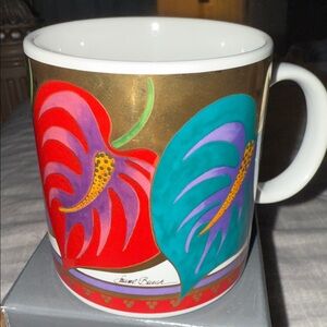 Colorful Laurel Burch Anthurium Floral Mug with Leaf Design